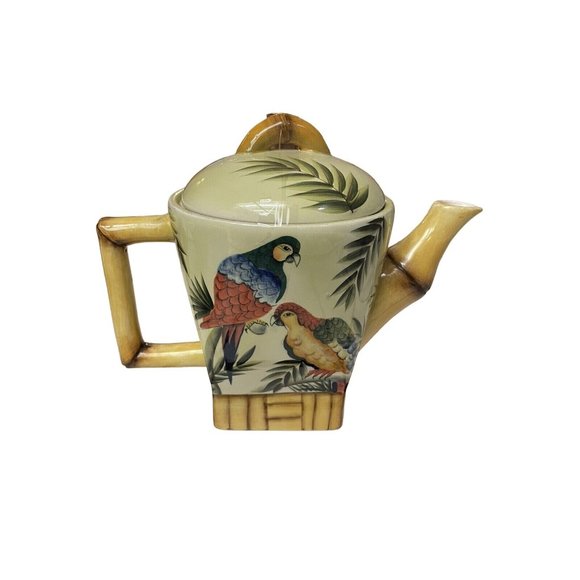 Pacific Rim Ceramic Tea Pot Hand Painted Parrots Palm Trees Bamboo 8.5" - Picture 10 of 11